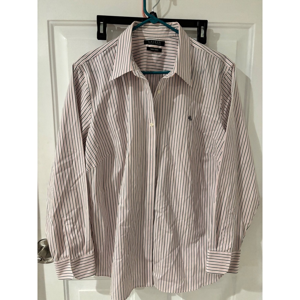 Lauren Ralph Lauren Womens Striped Button Down Shirt Pink  White Size Lg